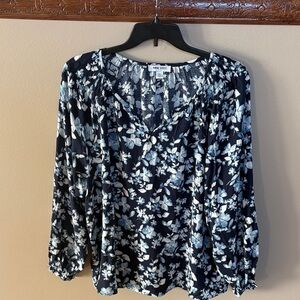 Nine West blue white floral long sleeve Blouse viscose V neck smock shoulder XXL